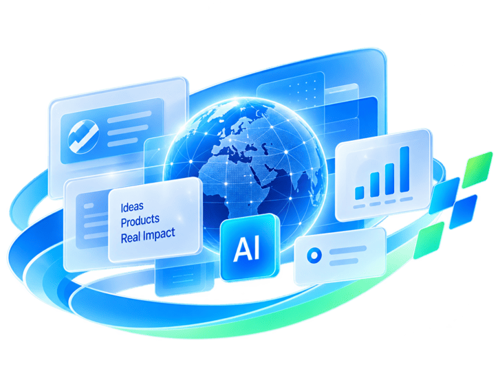 Idealora AI globe with connected product, data and software interfaces